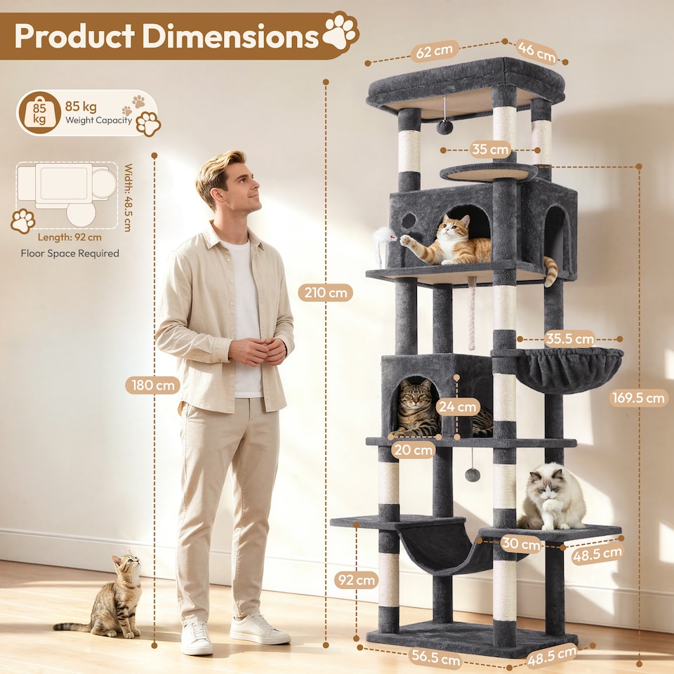 image 1 of Yaheetech 210cm Multi-Level Cat Tree with Large Top Perch, 2 Cat Condos, Hammock & Basket, Sisal Scratching Posts, Heavy Duty Cat Tower for Indoor Cats, Dark Grey