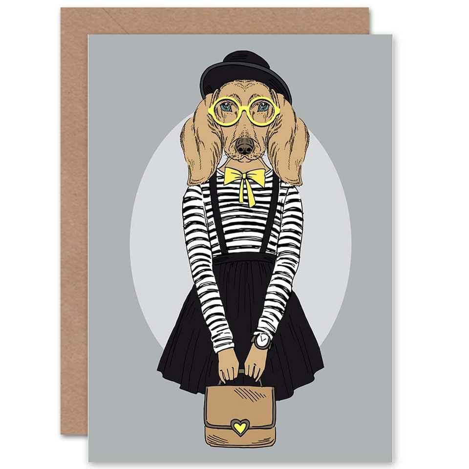 image 1 of Fashion Animal Doggy Girl Hipster Yellow Birthday Child Kids Card