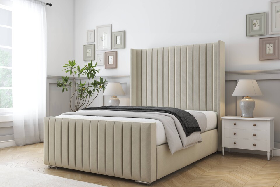 image 1 of Sloomy Marlborough Cream Plush Bed Frame With 50" Upholstered Wingback Headboard 3' Single