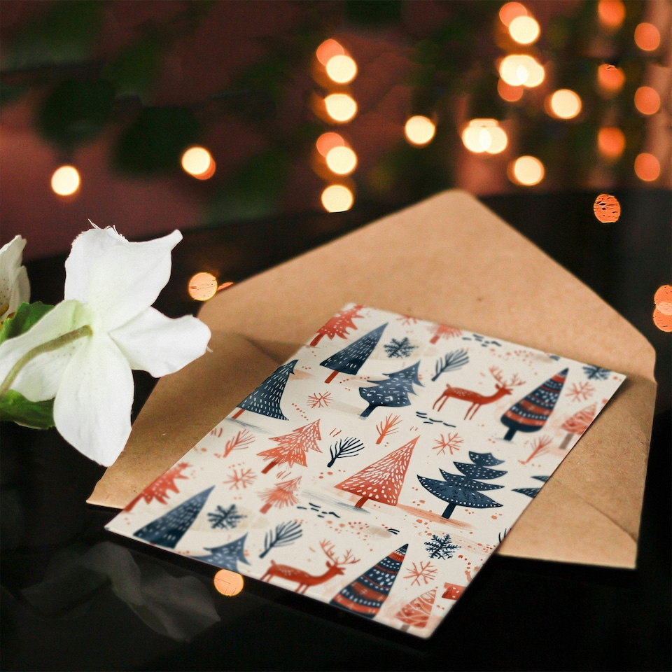 image 1 of Winter Forest Trees Reindeer Snow Folk Blank For Him Or Her Art Xmas Festive Christmas Card
