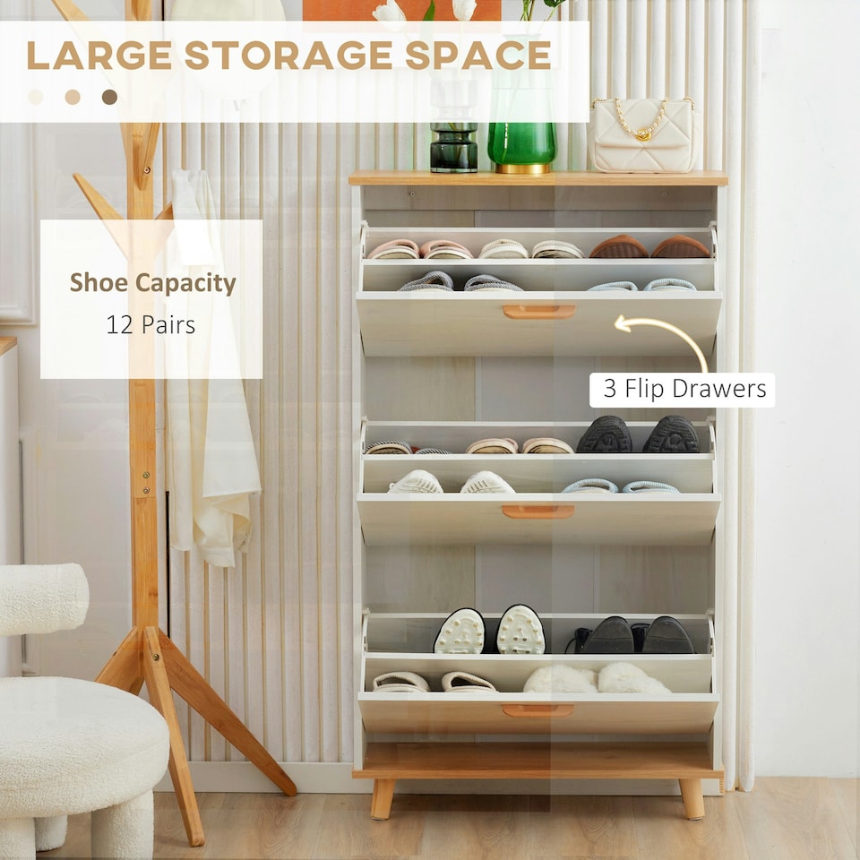 image 1 of HOMCOM 12 Pair Slim Shoe Storage Cabinet w/ 3 Flip Drawers Cream