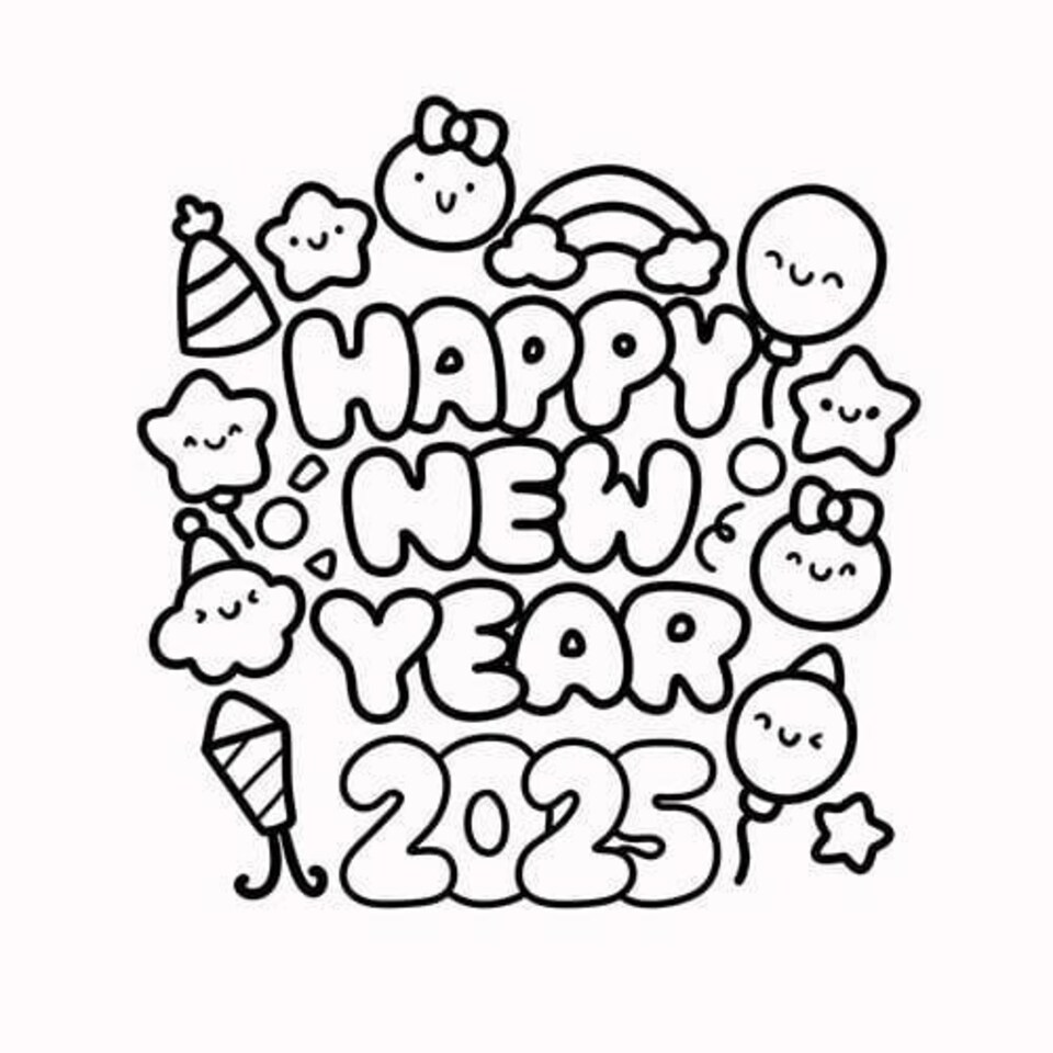 Happy New Year 2025 Cute A4 Colouring Sheet