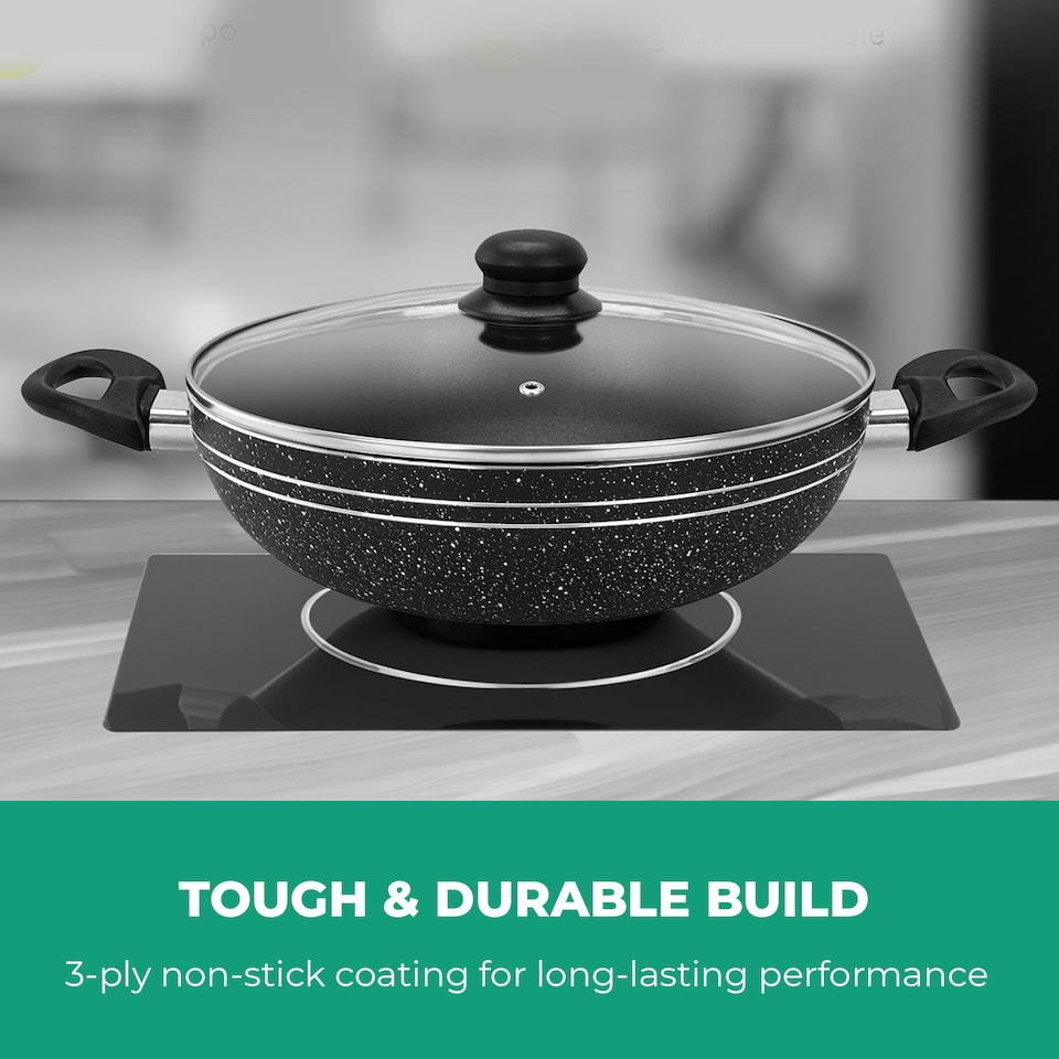 image 1 of Royalford 28cm Aluminium Wok Pan Non-Stick Induction Safe With Glass Lid