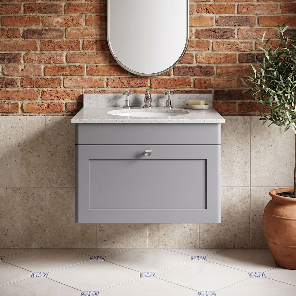 image 1 of Balterley Swynnerton Traditional 1 Drawer Wall Hung Vanity Unit with Marble Basin, Satin Grey, 600mm