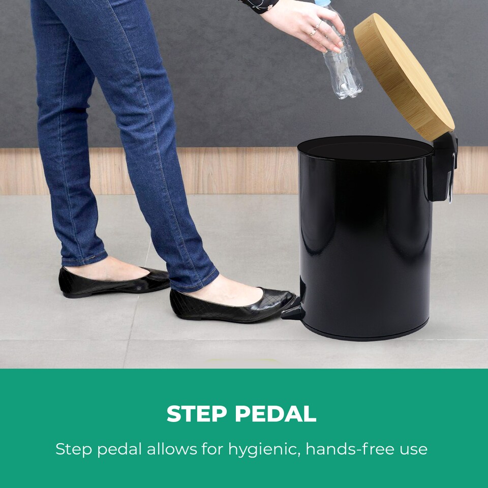 image 1 of Royalford 5L Pedal Bin with Bamboo Lid and Removable Basket