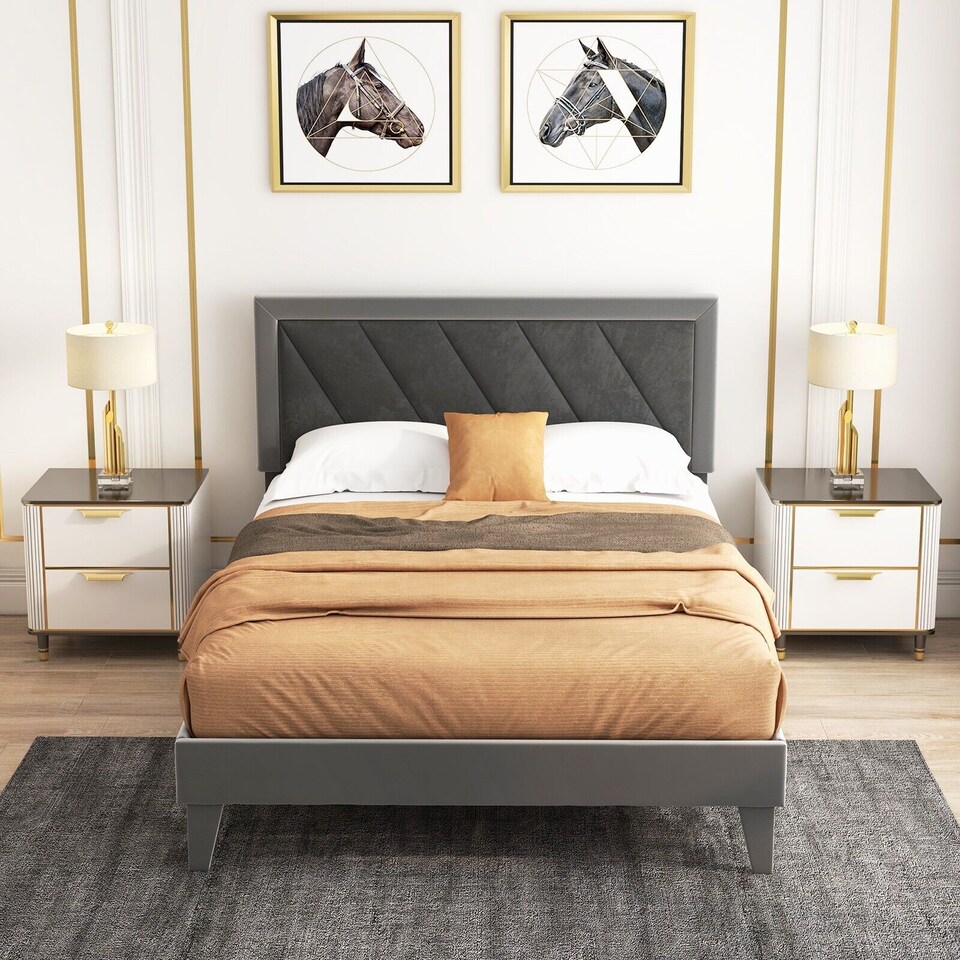 image 1 of COSTWAY Double Upholstered Platform Bed with Headboard Gray