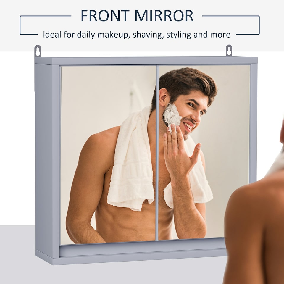 image 1 of HOMCOM Wall Mounted Mirror Cabinet with Storage Shelf Bathroom Cupboard Grey