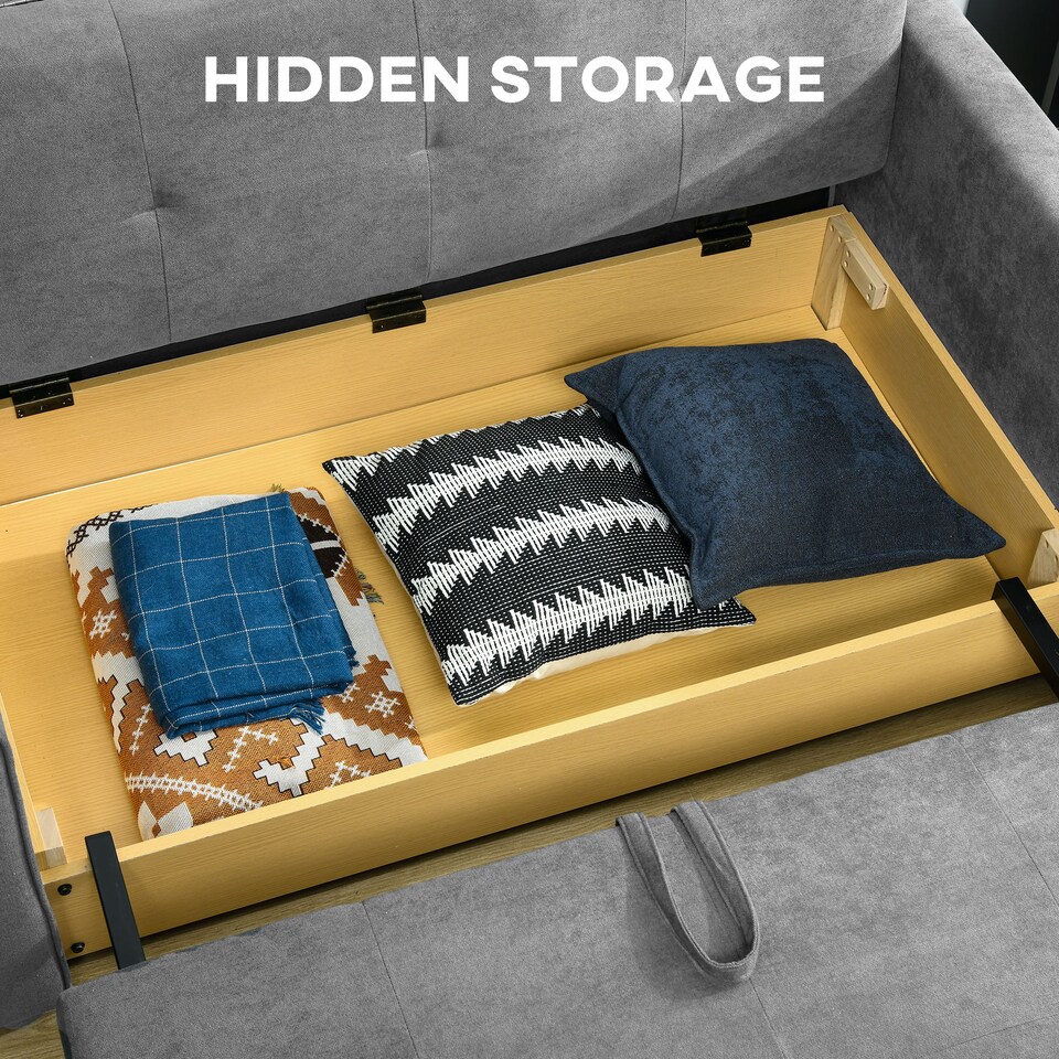 image 1 of HOMCOM 2 Seater Sofa Bed with Hidden Storage, Pull Out Convertible Bed Settee, Modern Snow Flannel Loveseat Sofa Sleeper with 2 Cushions for Living Room, Guest Room, Grey