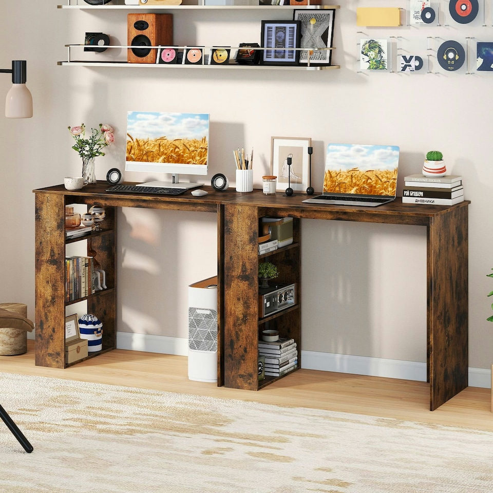 image 1 of COSTWAY Computer Desk Wooden Writing Desk w/Bookshelf Brown