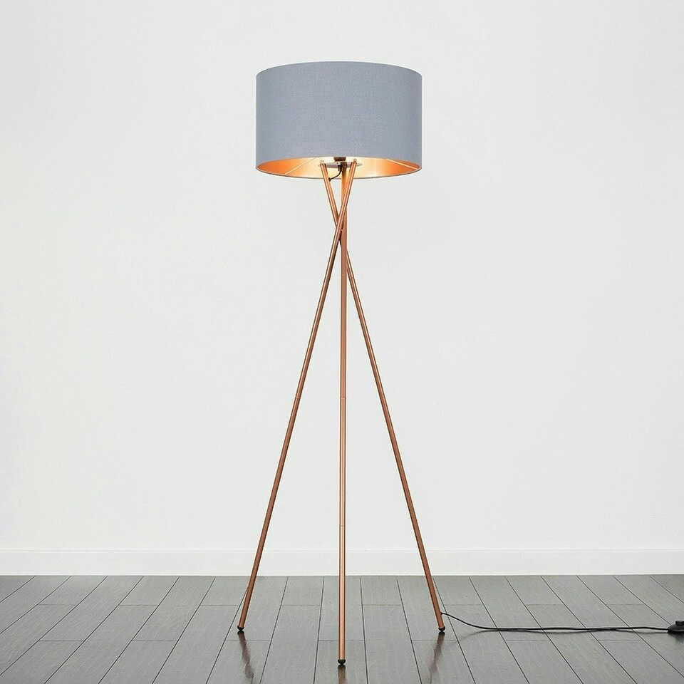image 1 of ValueLights Camden Copper Tripod Floor Lamp Grey & Copper Shade & Bulb Grey