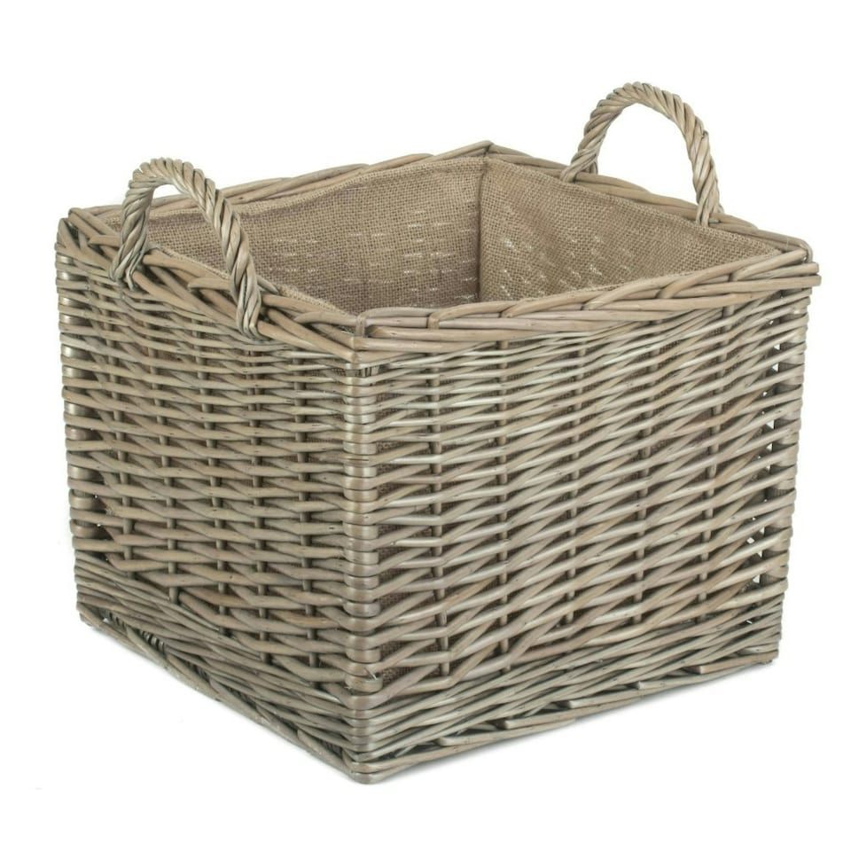 image 1 of Small Antique Wash Square Hessian Lined Log Basket Brown