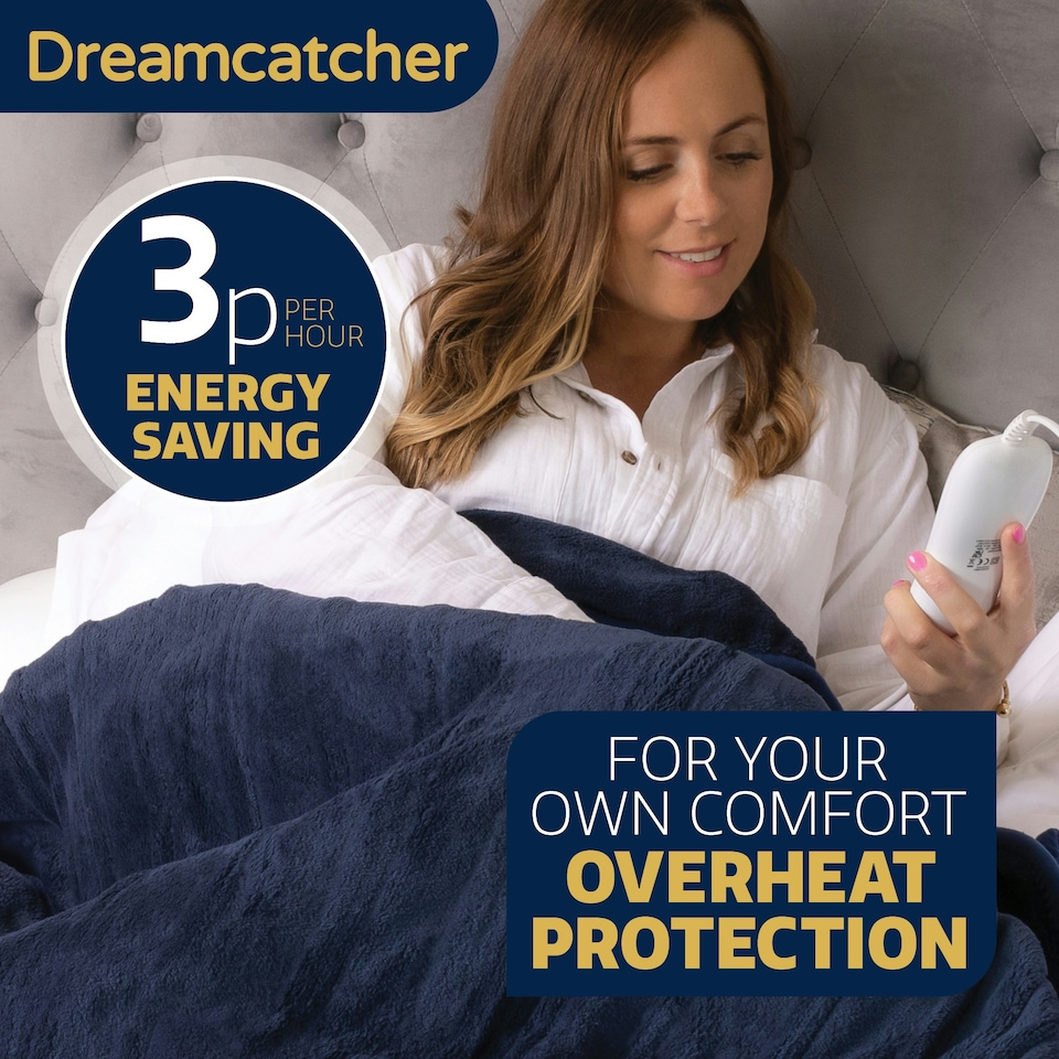 image 1 of Dreamcatcher Navy Blue Soft Microfleece & Sherpa Electric Blanket Heated Throw 160x120cm | Blue | Blue | One Size | 1