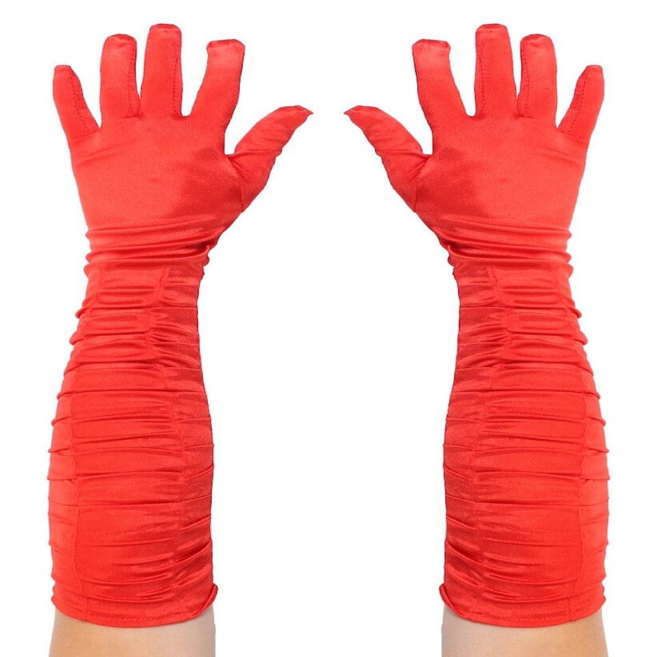 image 1 of Long Red Gloves - Satin Ruched Red | One Size
