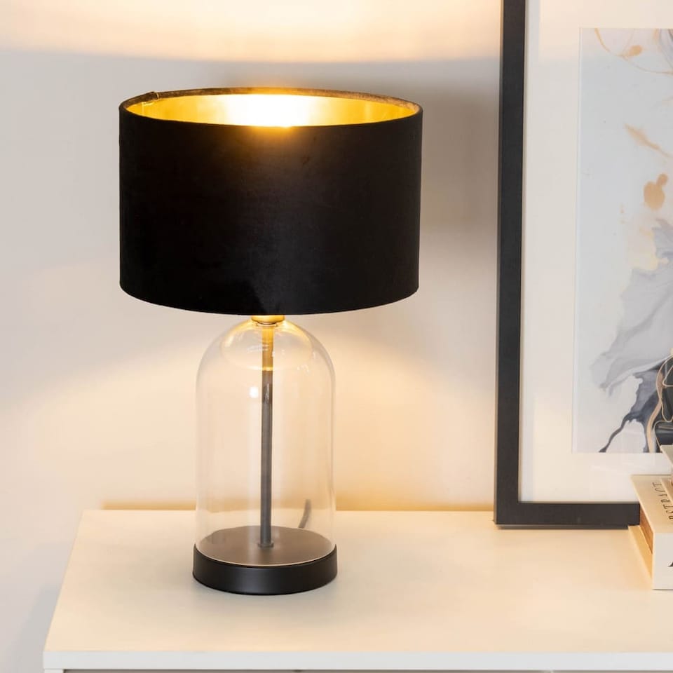 image 1 of ValueLights Jessy Glass Black Table Lamp Black Velvet Gold Inner Shade & Bulb | Clear