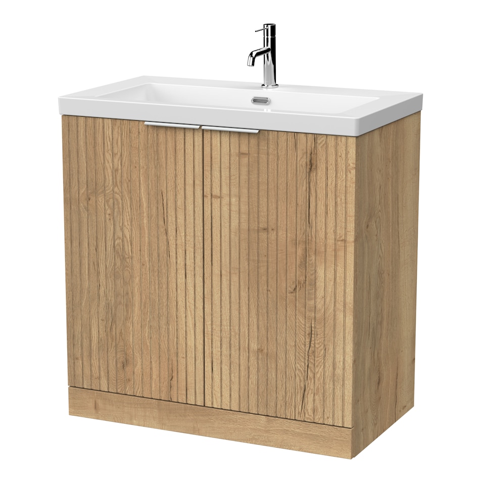 image 1 of Balterley Callingwood Contemporary Floor Standing 2 Door Vanity Unit with 1 Tap Hole Fireclay Basin , 800mm, Autumn Oak