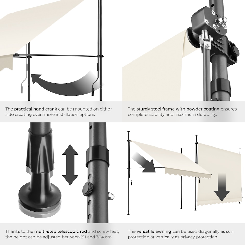 image 1 of Awning with hand crank - pressure fitted , height adjustable | Cream | beige | 250 x 180 cm | 1