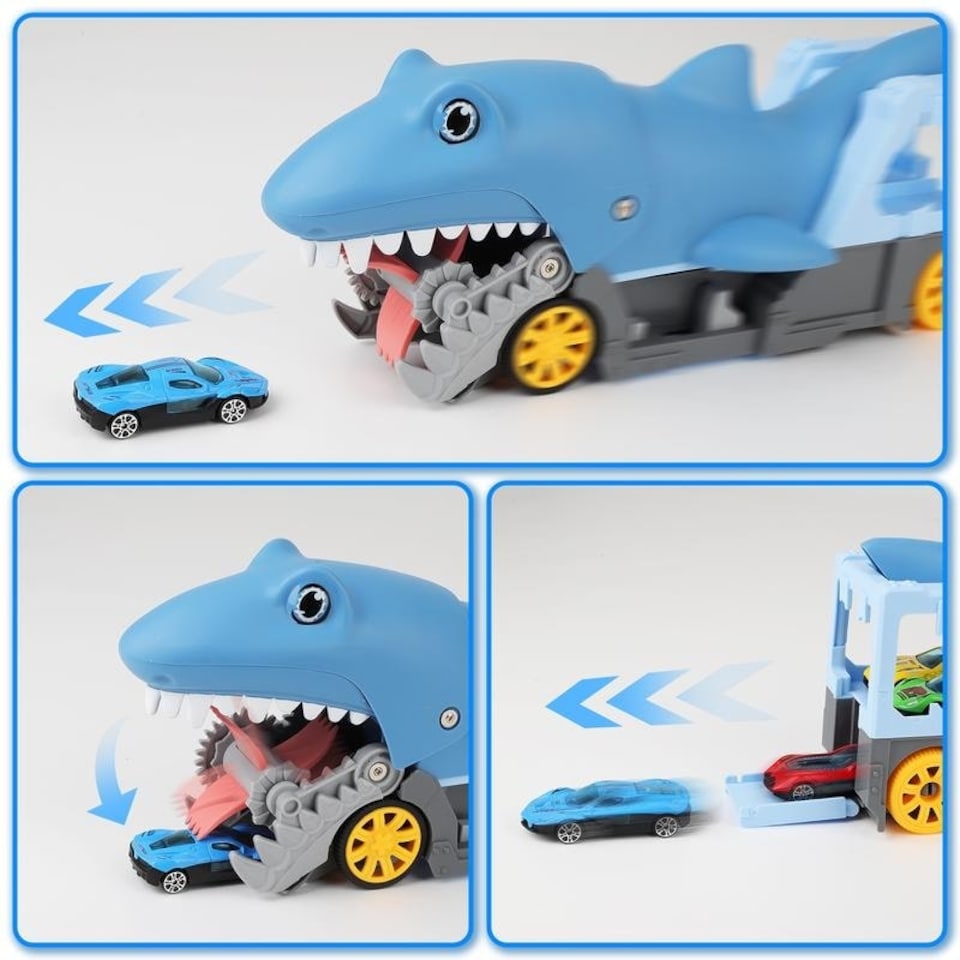 image 1 of Shark Devour Transporter Toy Truck - Push-and-Go Vehicle with Slide-Off Ramp, Roaring Sounds, Lights & 4 Mini Cars, Realistic Shark-Head Design for Kids Ages 3-7