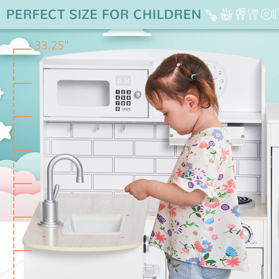 image 1 of HOMCOM Kids Play Kitchen Wooden Toy Kitchen Cooking Set for Children with Drinking Fountain, Microwave, and Fridge White