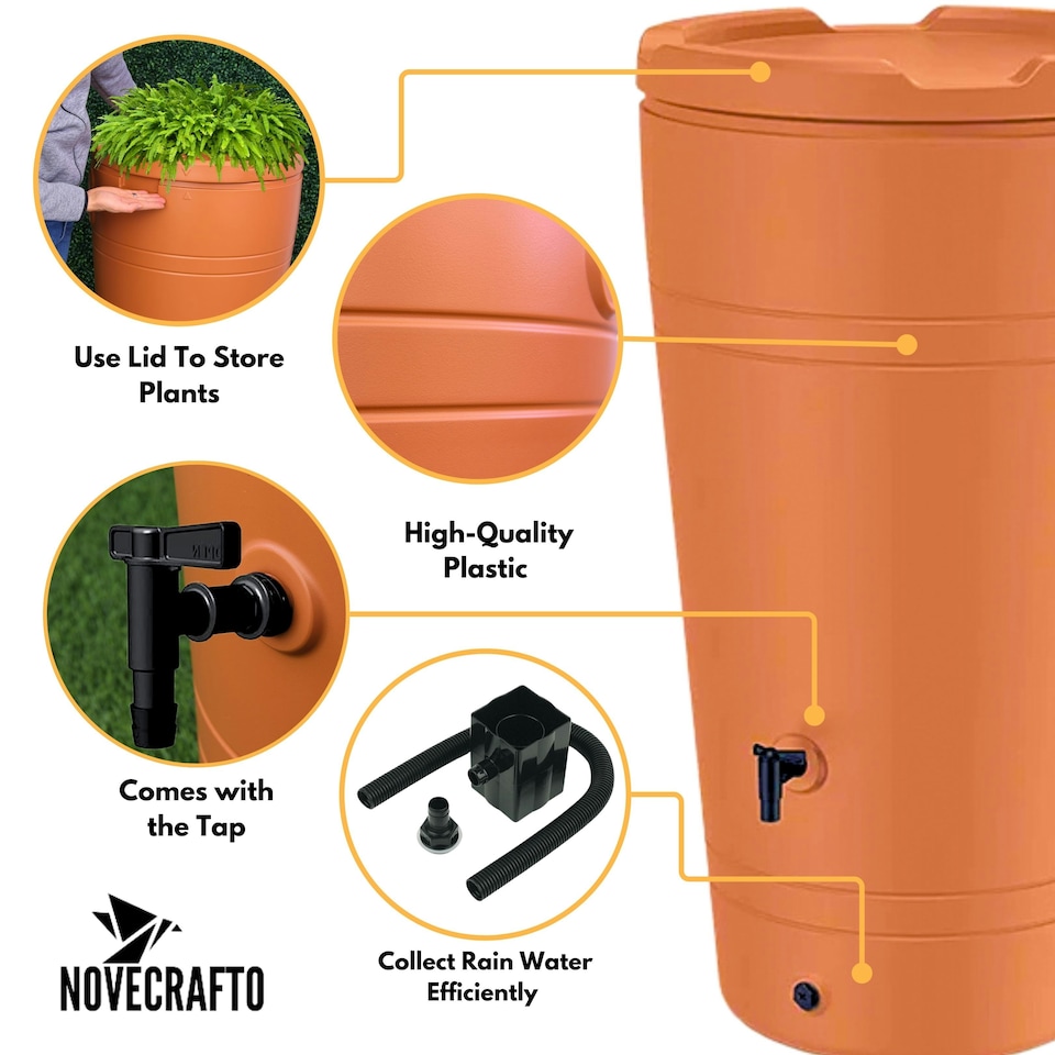 image 1 of Water Butt Kit with Tap, Diverter & Bio Cleaner –  Rainwater Collector for Garden, Balcony & Terrace – Durable Plastic Water Storage Tank Brown | 230L