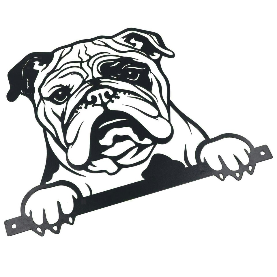 image 1 of Black Metal Peeking Bulldog Silhouette with Fixing Plate Garden Ornament Gift