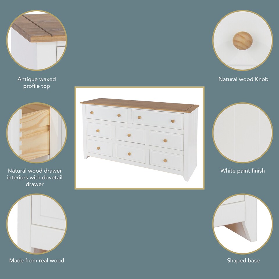 image 1 of Capri 6+2 Drawer White Wide Chest of Drawers - White Painted Pine Bedroom Storage with Shaker Style Legs | White | White | 1