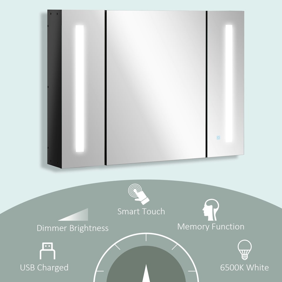 image 1 of kleankin LED Bathroom Mirror Cabinet with Shelves Wall Mount High Gloss Black
