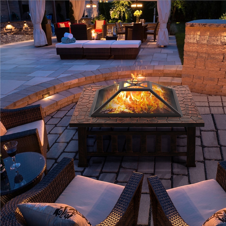 image 1 of Yaheetech 86 cm Outdoor Square Fire Pit with Cover and Poker-Copper