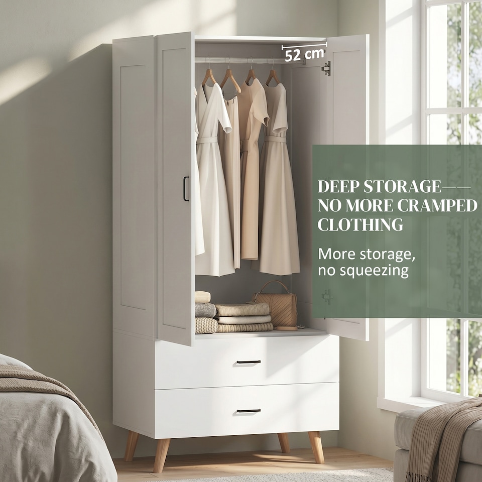 image 1 of HOMCOM Wardrobe with 2 Drawers Hanging Rail, 180 cm Storage Closet, White