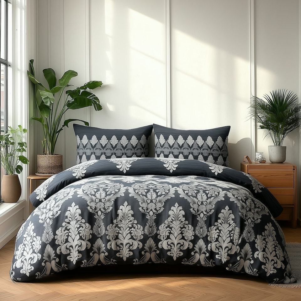 image 1 of Duvet Cover And Pillowcase Set Natural Black Stripe Floral Design Polycotton Bed Linen Black | Black | Double