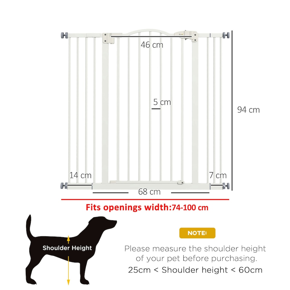 image 1 of PawHut 74-100cm Adjustable Metal Pet Gate Safety Barrier w/Auto-Close Door White