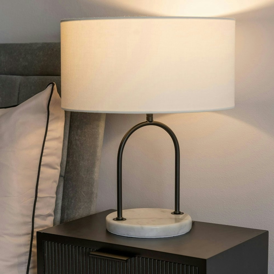 image 1 of ValueLights Rachel Black Arch Marble Base Table Lamp with White Linen Lamp Shade and Bulb Black