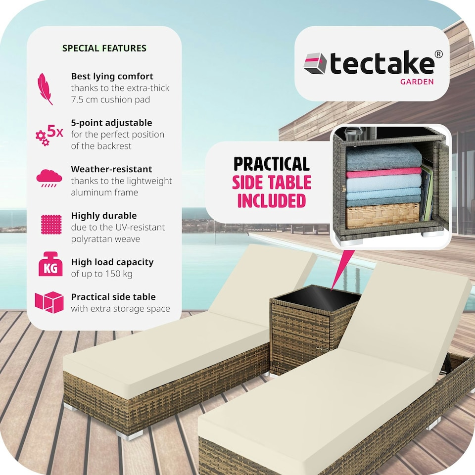 image 1 of Sun Lounger Set - 2 loungers, 1 side table, aluminium frame, adjustable backrest, rain cover Brown | Nature