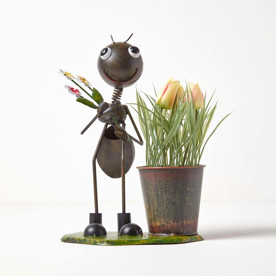 image 1 of Homescapes Metal Ant with Bouquet and Flower Pot - 32 cm Tall
