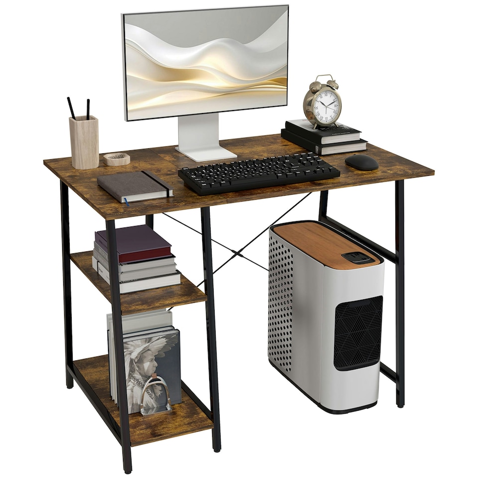 image 1 of HOMCOM 120cm Computer Table with Shelves and Steel Frame, Rustic Brown | Brown | Black | 120W x 60D x 76H cm