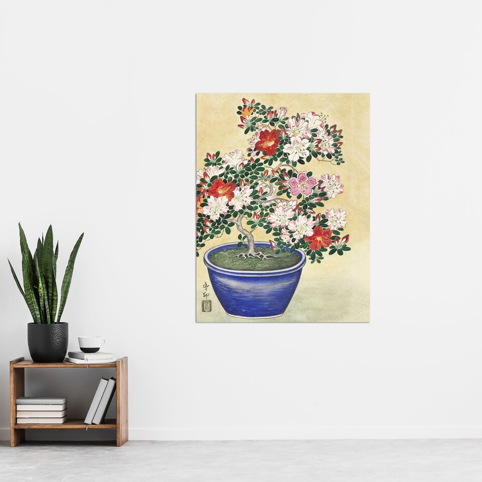 image 1 of Blooming Azalea In Blue Pot Vintage Japan Wall Art Print Koson 24x32"