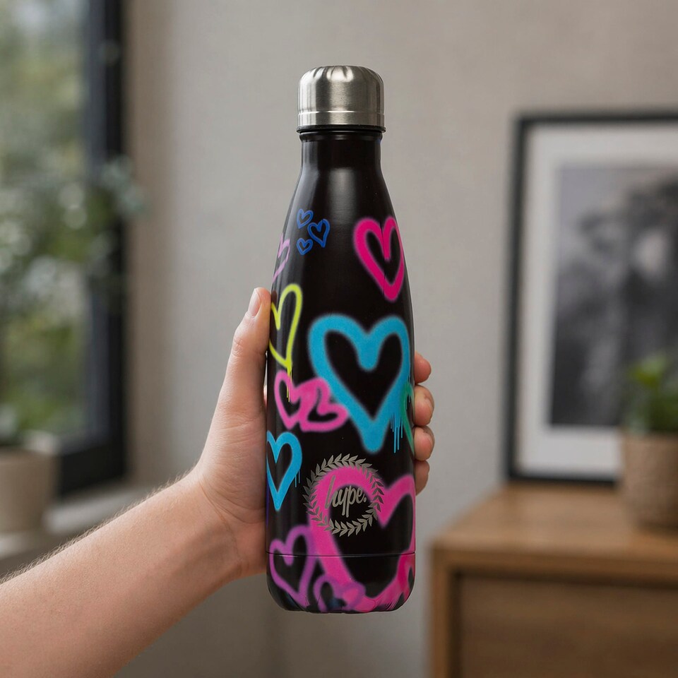 image 1 of Black Graffiti Heart Metal Water Bottle | Screw Top Reusable Leak Resistant | Black | Black | One Size | 1