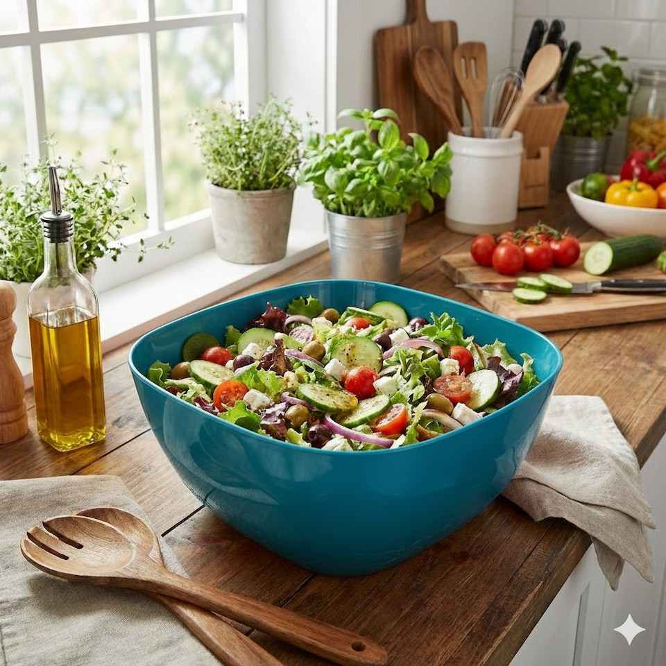 image 1 of Large Durable Plastic Salad Serving Bowl Microwave Dishwasher Food Safe | Multi | Teal | 1