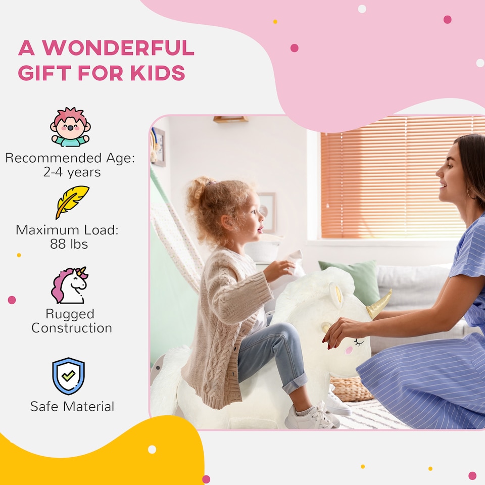image 1 of AIYAPLAY Rocking Horse, Kids Ride On Horse with Unicorn Design, Sounds, Plush Ride On Toy for Ages 2-4 Years, White