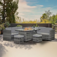 Alivio 8-Seater Rattan Garden Furniture Set, Luxury PE Rattan Sofa with Gas Fire Pit Table & Cushions | Grey