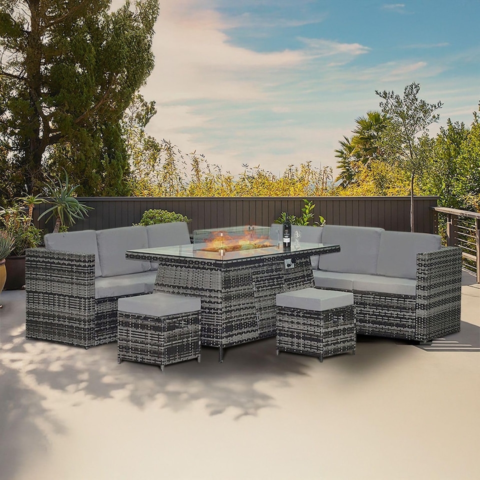 image 1 of Alivio 8-Seater Rattan Garden Furniture Set, Luxury PE Rattan Sofa with Gas Fire Pit Table & Cushions | Grey