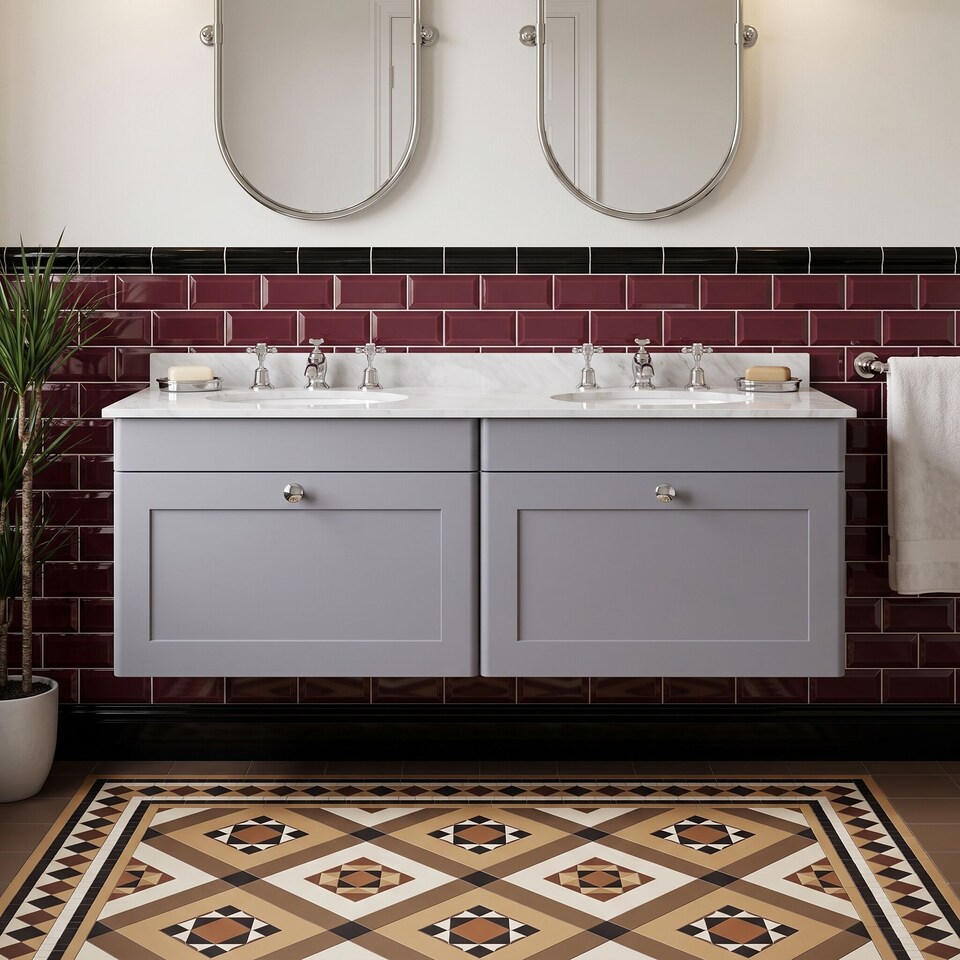 image 1 of Balterley Swynnerton Traditional 2 Drawer Wall Hung Vanity Unit with Double Marble Basin, Satin Grey, 1200mm