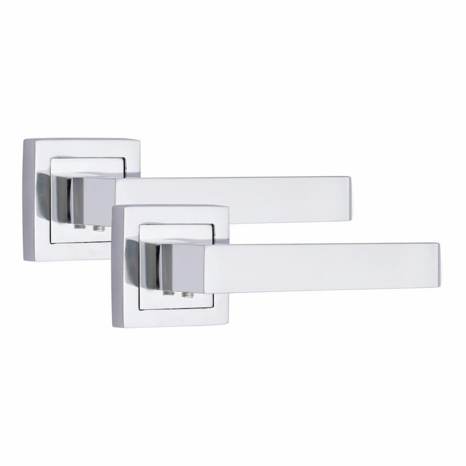 image 1 of Golden Grace 4 Pairs Premium Delta Design Door Handles on Square Rose in Polished Chrome with 2.5" Latch and 1 Pair of Ball Bearing Hinges Chrome
