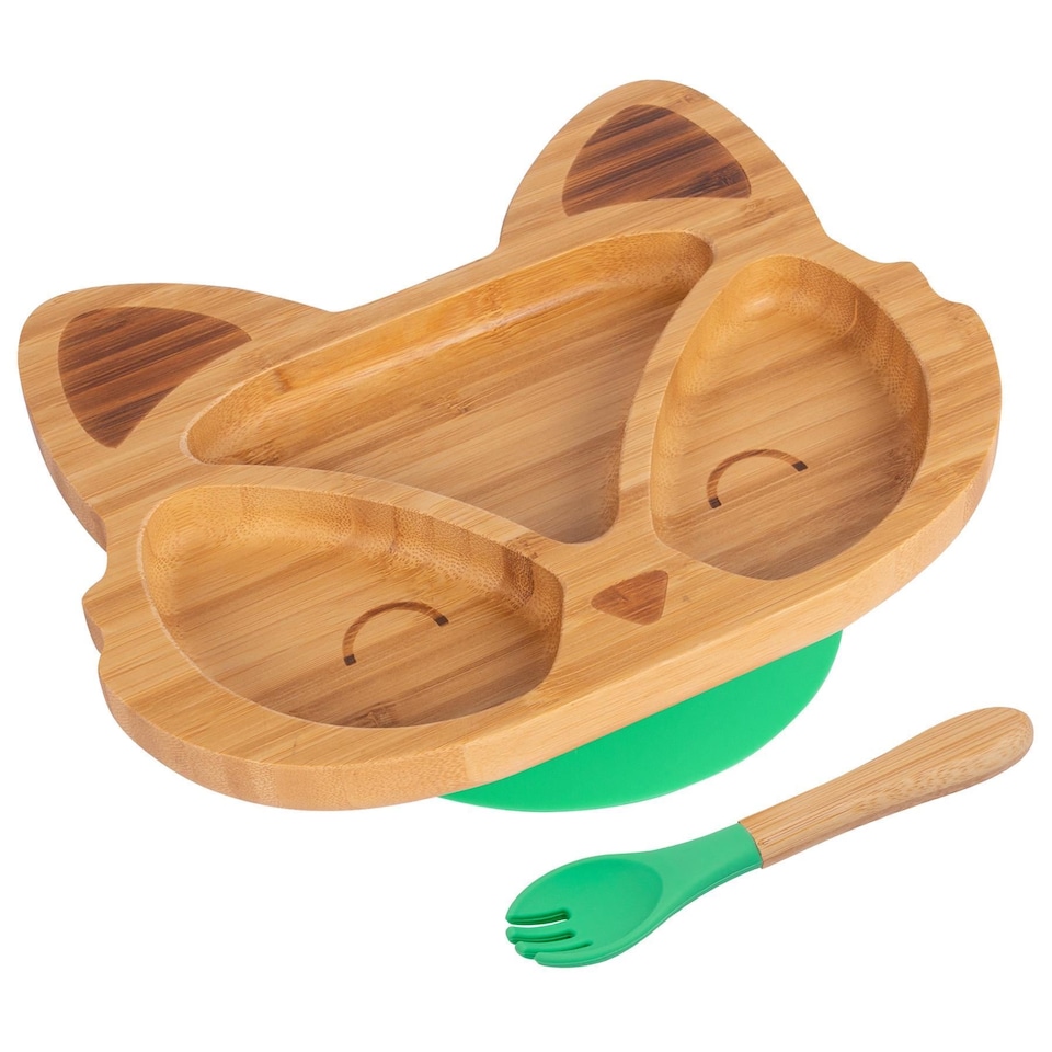image 1 of Tiny Dining Bamboo Fox Baby Weaning Plate & Fork Set - Green