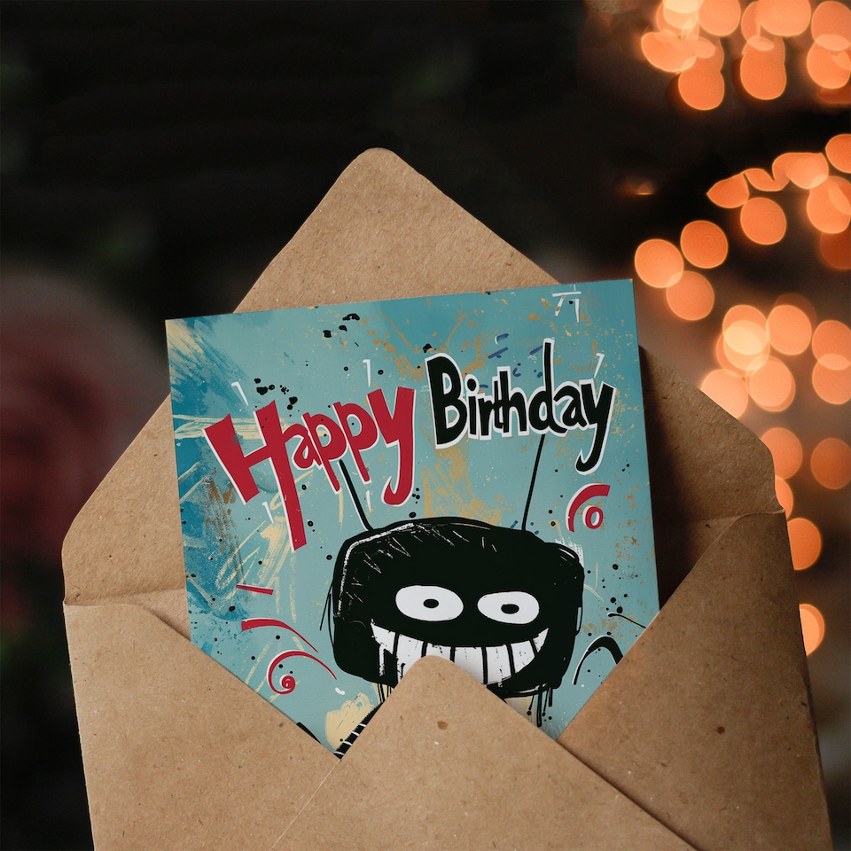 image 1 of Creepy Stick Man Birthday Card Weird Messy Drawing for Him