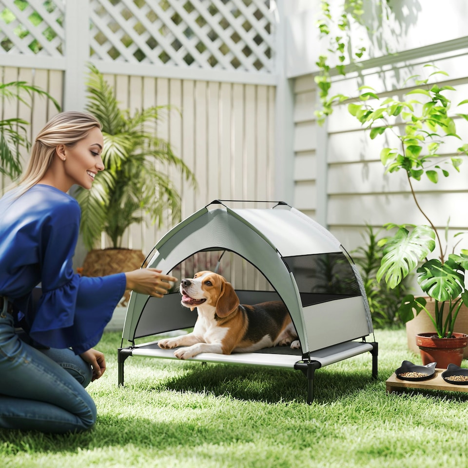 image 1 of PawHut Portable Elevated Dog Bed with Removable Canopy Grey | S