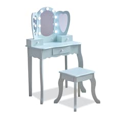 Teamson Kids Heart-Shaped Play Vanity Table with LED Lights, Triple Mirror, Stool & Storage Drawers, Light Blue | Blue
