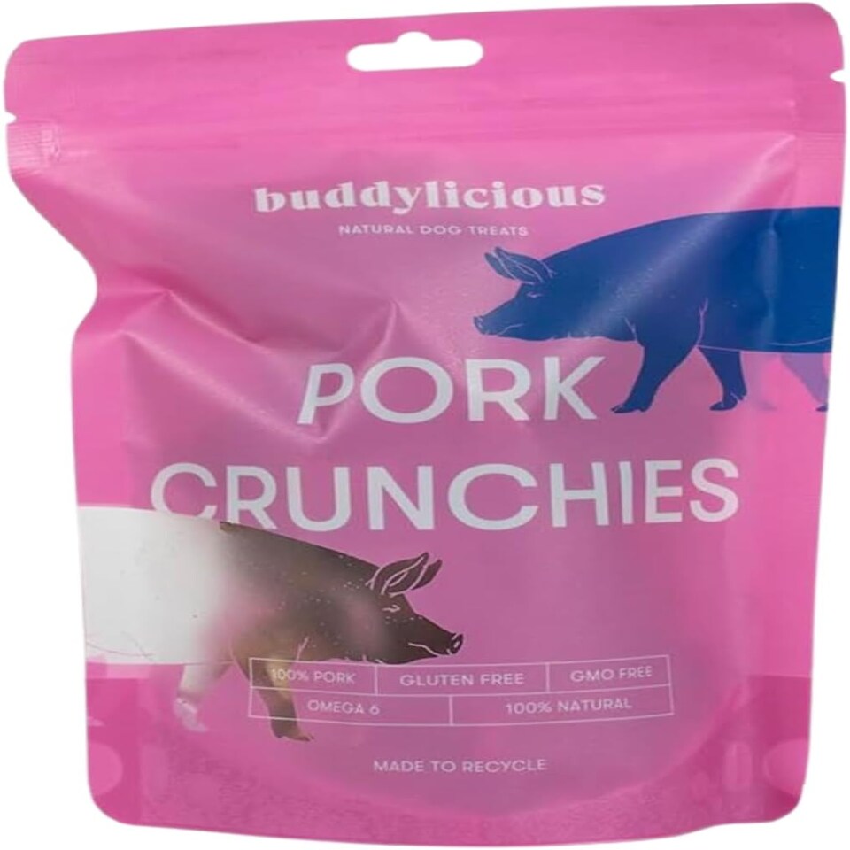 Buddylicious Buddylicious Crunchies High Protein Training Gluten Gmo No Additives Omega Pork pet food packaging