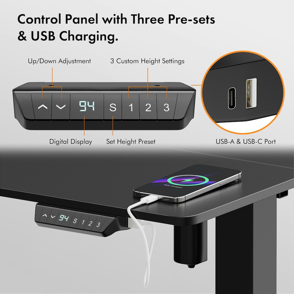 image 1 of VonHaus Adjustable Electric Standing Desk with USB-C charging, Black