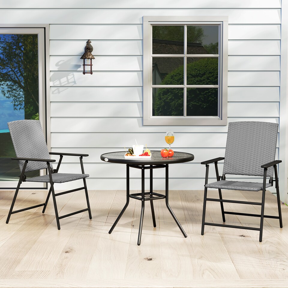 image 1 of Outsunny Folding Garden Chairs Set of 2, PE Rattan Garden Dining Chairs with Armrests, High Back and Steel Frame, Weather Resistant Outdoor Dining Furniture for Patio, Balcony, Grey