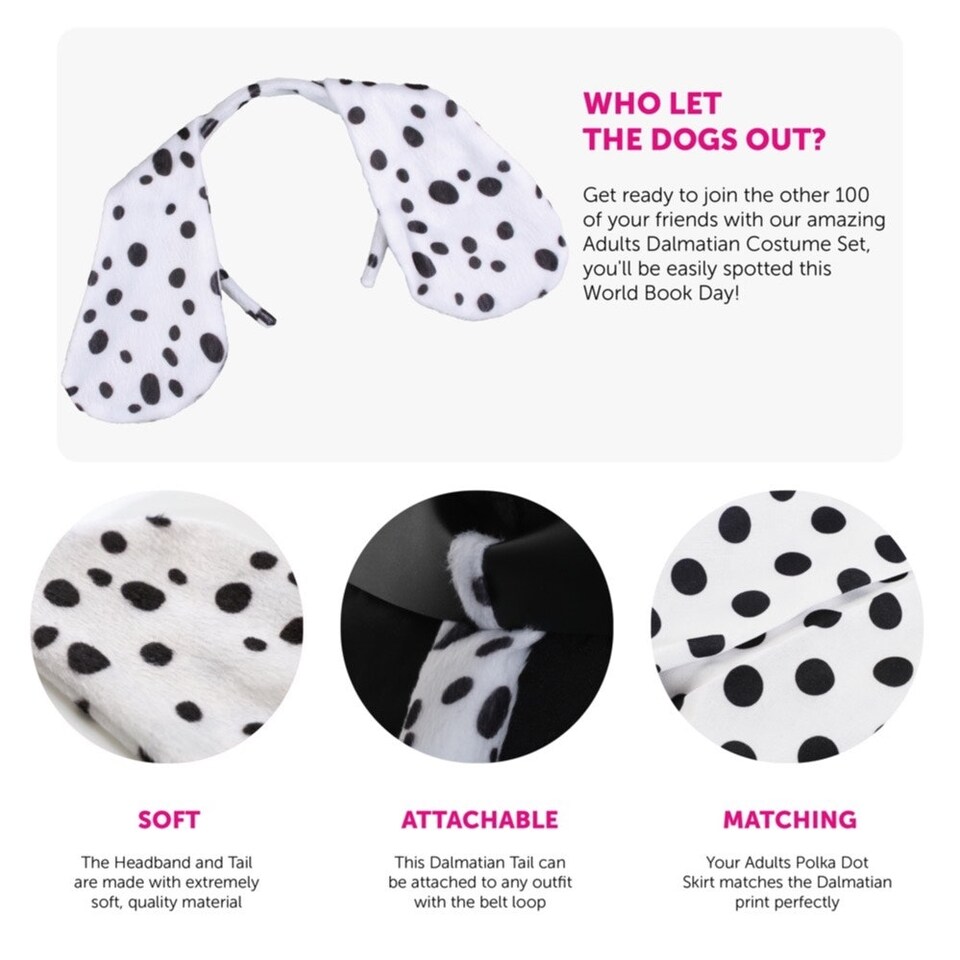 image 1 of White Polka Dot Skirt With Black Dots & Dalmatian Headband And Tail White | XL
